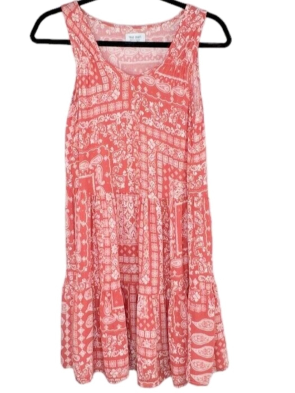 TRUE CRAFT Bandana Paisley Print Tiered Mini Dress Coral Pink White Size XS
